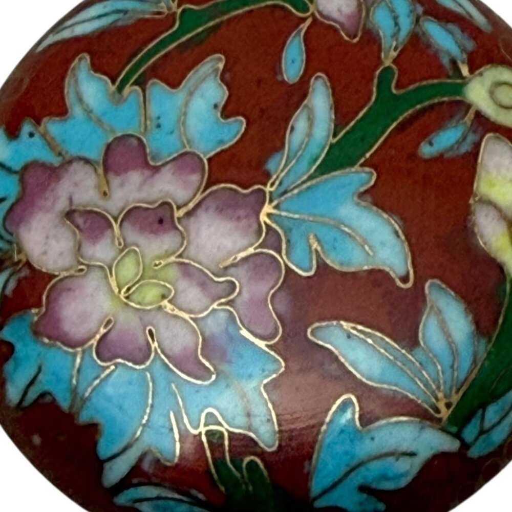 Vintage Cloisonne Pendant Round Red Chrysanthemum Floral Gold Tone 1.5" - Picture 6 of 6